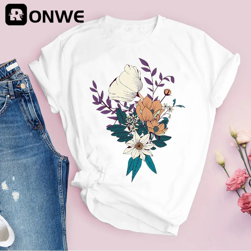 Women Graphic Flower Floral Print T-shirt Girl Funny 90S Print Tops Tee,Drop Shipping