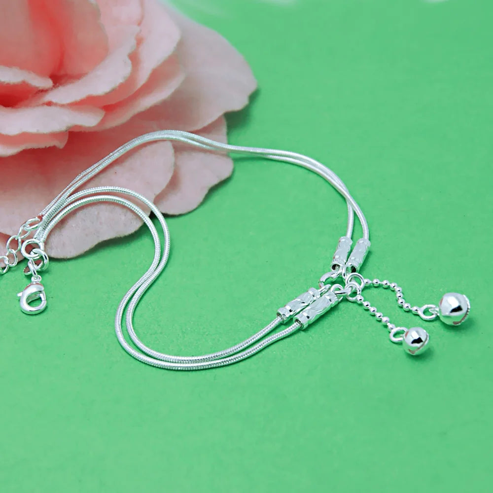Fashion Cute Girl Bell Anklets Women Solid 925 Sterling Silver Snake Chain Anklets Contracted Double Chain 27cm Anklets Jewelry