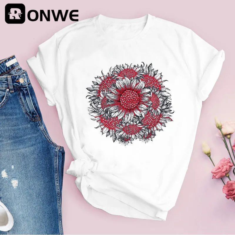 Women Graphic Flower Floral Print T-shirt Girl Funny 90S Print Tops Tee,Drop Shipping