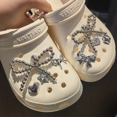 Pearl Bowknot Shoe Charm Set | DIY Detachable Shoe Buckle Decor | Punk Heart & Flowers | 3 Colors