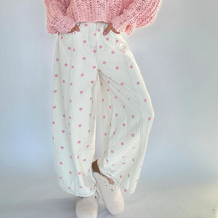 Fashion Women Barrel Jeans Dot Print Loose Denim Pants Spring Casual Baggy Trousers Fashion Wide-Leg Pants