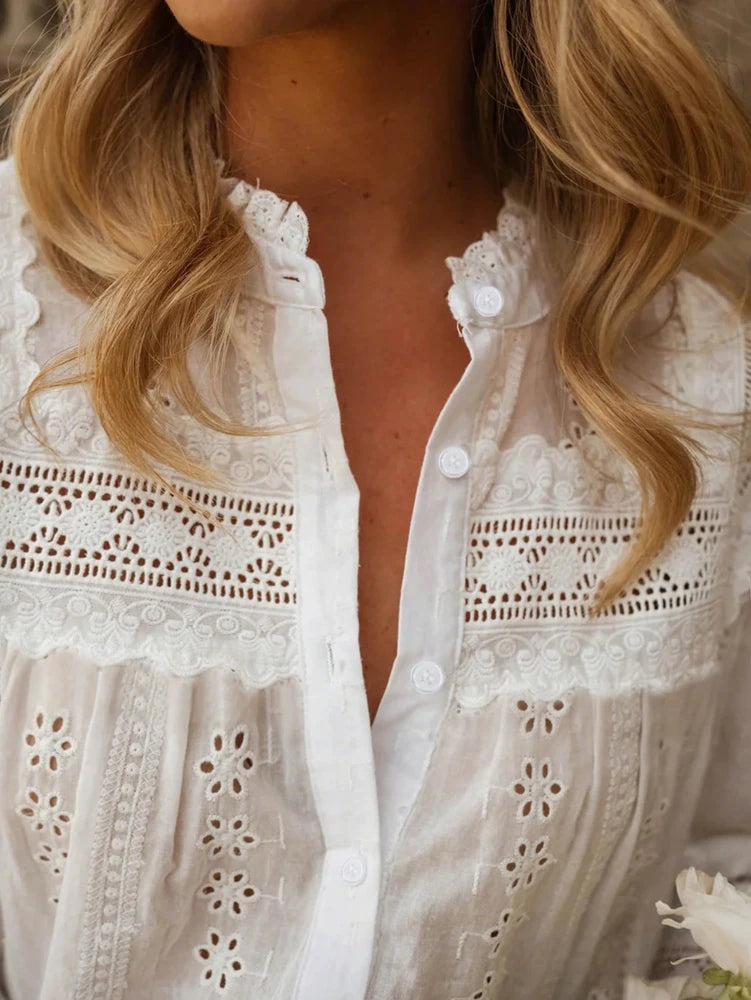 Spring/Summer 2026 New Arrivals European & American Women's Wear Vacation Style Solid-Colour Lace-Up Embroidered Blouse