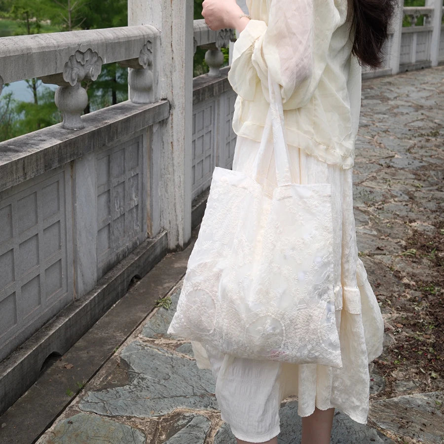Floral Embroidered Sheer Tote Bag | Ivory Lace-Look Design | Braviixx