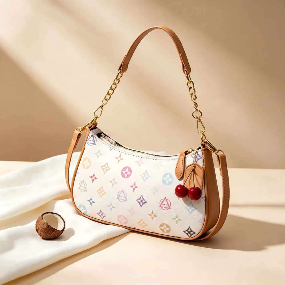 Printed Crescent Shoulder Bag | Cherry Charm & Chain Strap | Braviixx