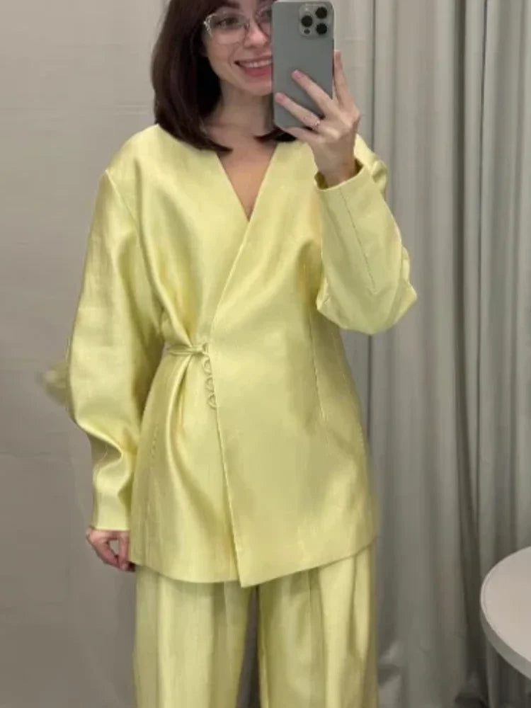 Women's Elegant Coat Pant Sets Full Sleeve V Lace Top Wide Leg Pants Female Suits 2026 Spring Summer Solid Satin Lady Set