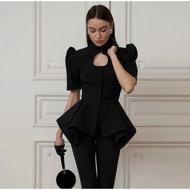 Women's Short Puff Sleeve Jackets Stand Collar Single Breasted Waist Cinching Blouse 2026 Spring Summer New Woman Streetwears