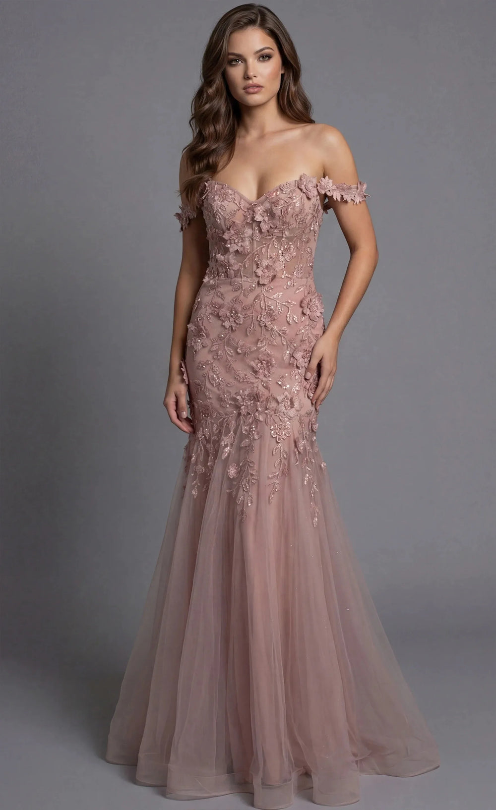 3D Floral Off-Shoulder Mermaid Corset Gown | Glitter Tulle Lace Appliqué Evening Dress