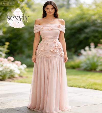 Off Shoulder 3D Floral Appliqué Ruched Chiffon Maxi Gown | Formal Evening & Prom Dress