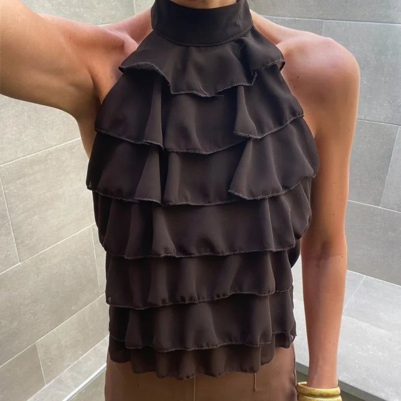 Women's Ruffle Layered Chiffon Crop Halter Vest Top 2026 Summer Sleeveless Going Out Tank Tops Y2k Streetwear