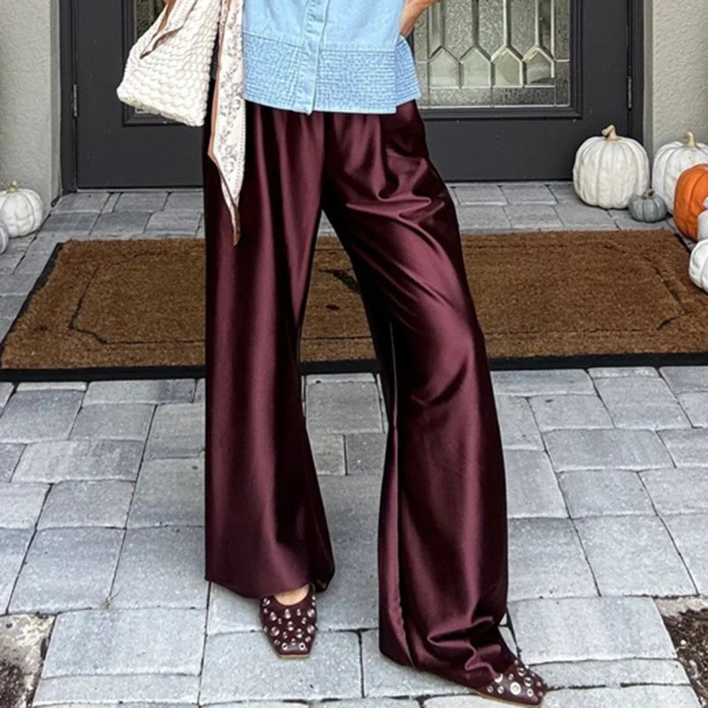 Satin Silk Wide Leg Pants for Women High Waist Baggy Pants Y2K Elegant Lady Party Long Trousers Female Buttoms