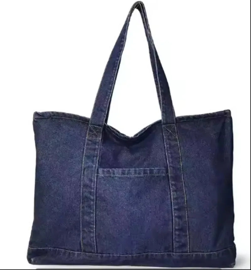 Women's Large Capacity Denim Tote Bag | Zipper · Front Pocket · Shoulder Bag | Dark Navy · Sky Blue | Braviixx