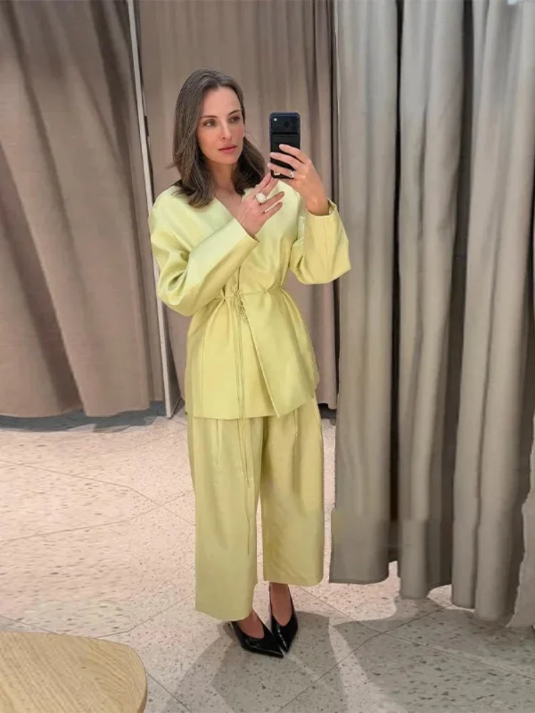 Women's Elegant Coat Pant Sets Full Sleeve V Lace Top Wide Leg Pants Female Suits 2026 Spring Summer Solid Satin Lady Set