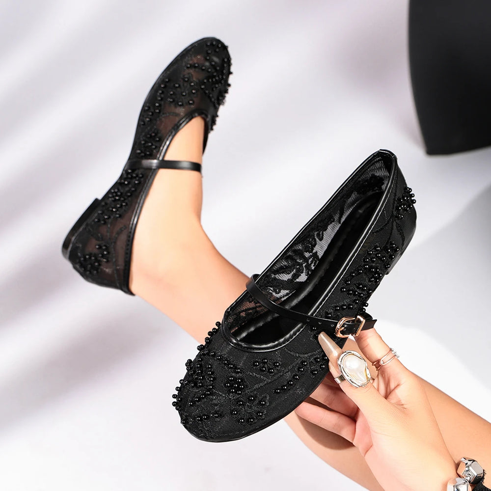 Luxury Pearl Flower Beige Black Ballet Flats Women Summer 2026 Breathable Lace Buckle Decorat Mary Jane Shoes Woman's Soft Pumps