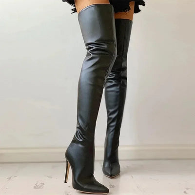 Women's Stretch PU Leather Thigh-High Boots | Stiletto Heel | Over-the-Knee | Black · Red | EU 34–46