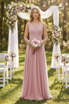 Deep V-Neck Sleeveless Chiffon A-Line Maxi Gown | Pleated Formal Wedding Guest Dress