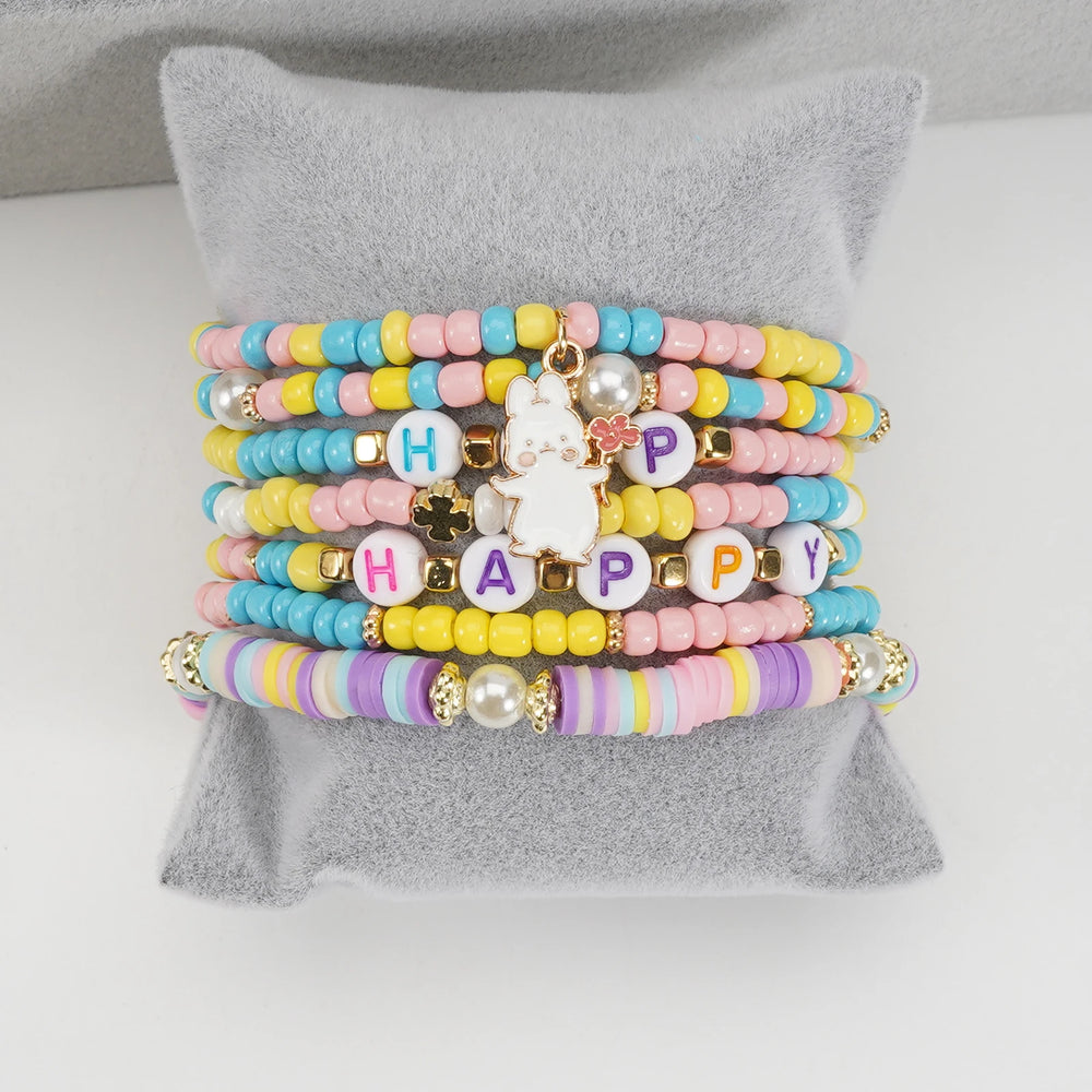 Easter Bracelets Set Colorful Stackable clay Beaded Stretch Bracelets Boho Vinyl Disc Bracelets for Women