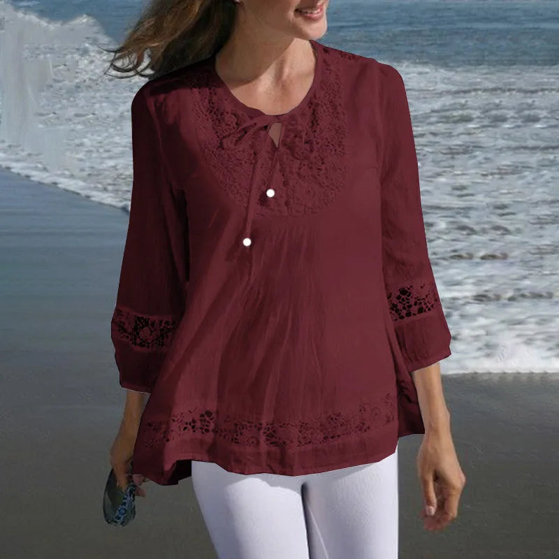 Elegant Women's Shirts White Blouse 2025 Spring New Cotton Linen Lace Long Sleeve Top Lady Blouses Camisas De Mujer Lady Blouses
