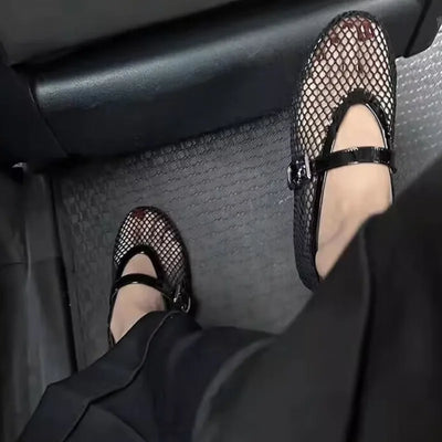 Women's Fishnet Mesh Mary Jane Ballet Flats | Hollow Breathable | Buckle Strap | Black · White · Khaki | EU 35–43