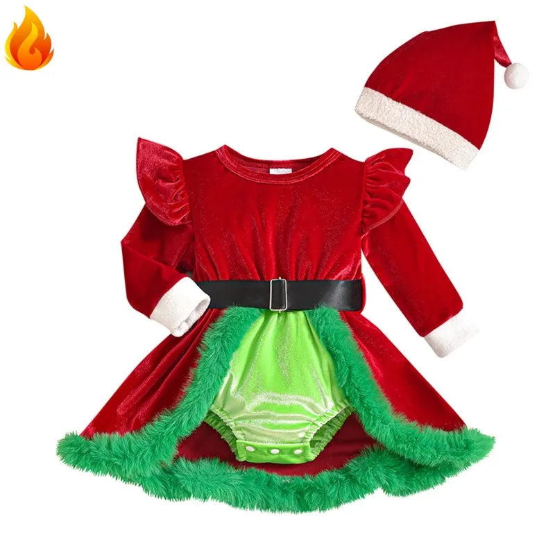 Baby Christmas Velvet Romper Dress Set with Hat | Long Sleeve | 0–3M | Braviixx