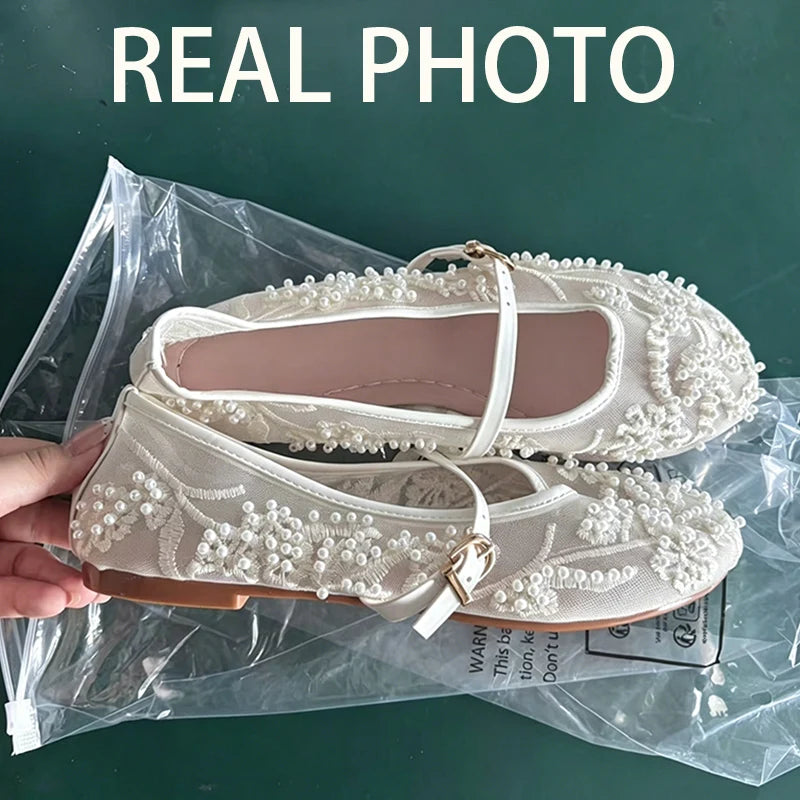 Luxury Pearl Flower Beige Black Ballet Flats Women Summer 2026 Breathable Lace Buckle Decorat Mary Jane Shoes Woman's Soft Pumps
