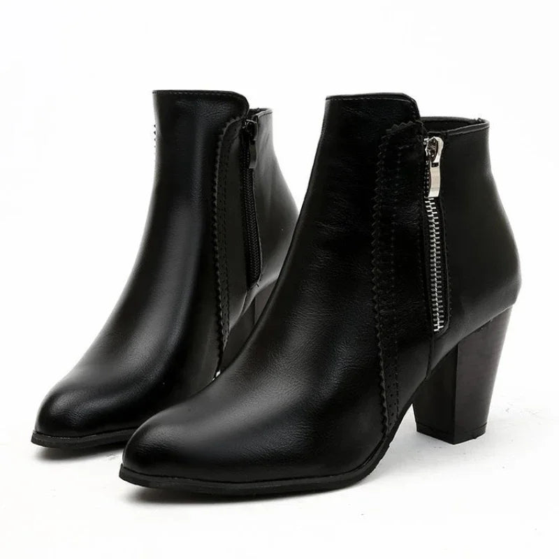 Zip-Up Ankle Boots | PU Block Heel | Braviixx