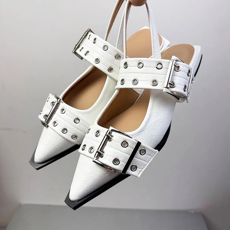 New Sandals Women Flats Shoes Fashion Metal Buckle Shoes Spring Pointed Toe Shallow Footwear Slingbacks Ladies Sandals