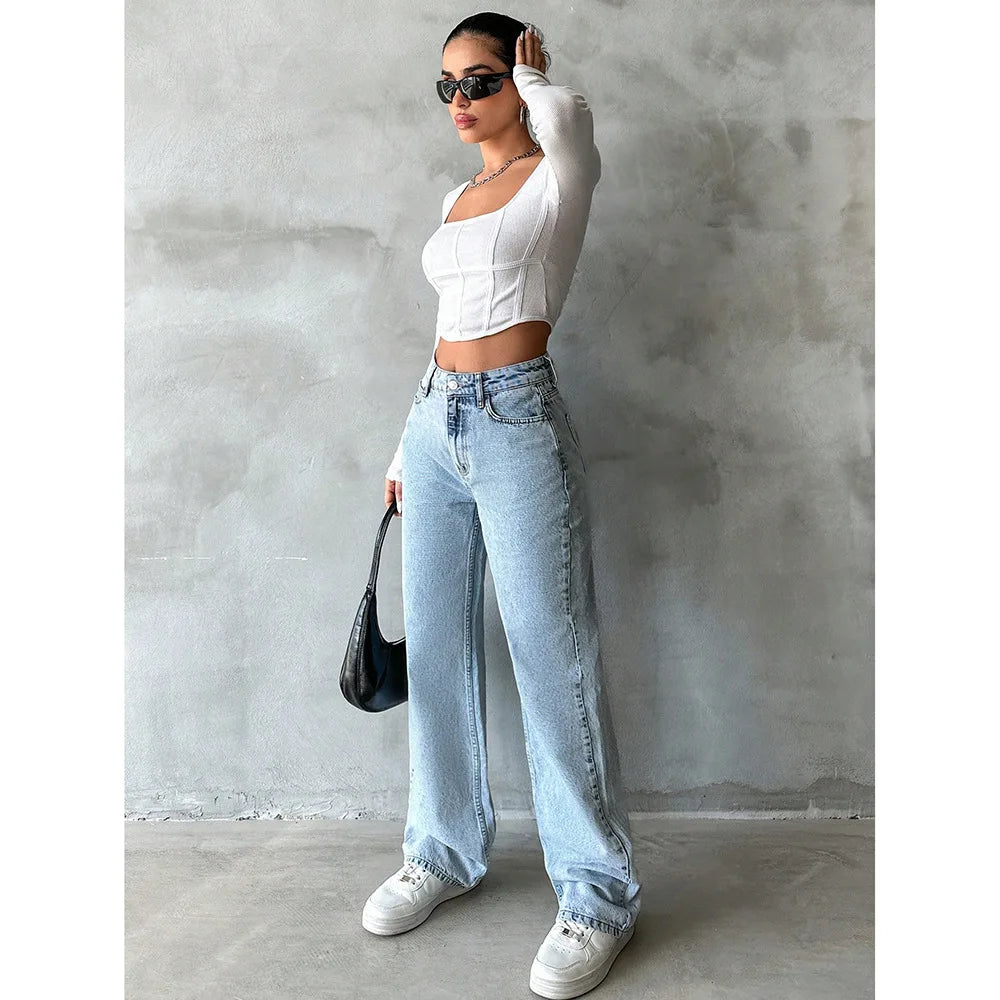 2026 Jeans Wide Leg Pants Women Streetwear High Waist Washed Distressed Pockets Vintage Full Length Denims Basis Trousers