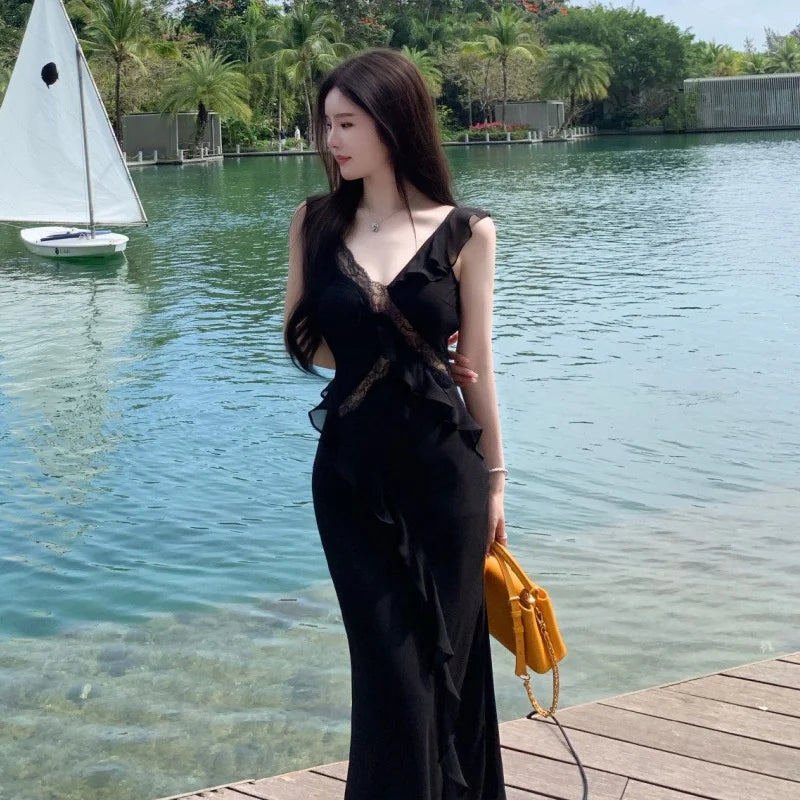Women Slip Long Dress Lady Pink Lace Panel Slim Fit Ruffled Mermaid Dress Female Summer Alluring Bodycon Maxi Vacation Dress