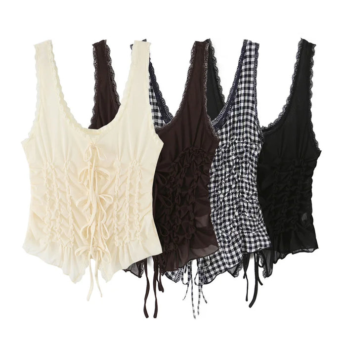 Women's Top 2026 New Summer Bow Decoration Pleated Top for Women Elegant Chic Vacation-style Fashion Ladies Vest Top