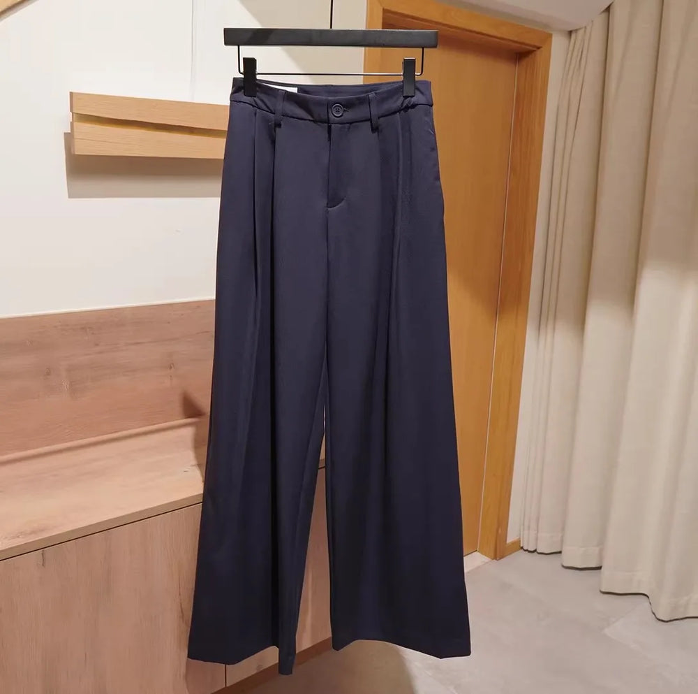 2026 Fall Winter Elegant Gray Suits Pants for Women Office Lady High Waist Wide Leg Fashion Trousers with Pockets Black Pant