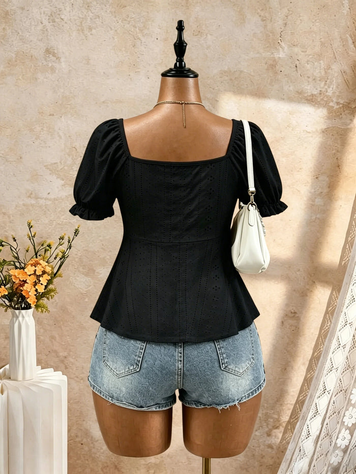 2 Pack Multi-color Women V Neck Puff Short Sleeve Drawstring Ruched Eyelet Embroidery Peplum Blouse 2026 Summer Y2K Casual Vacat