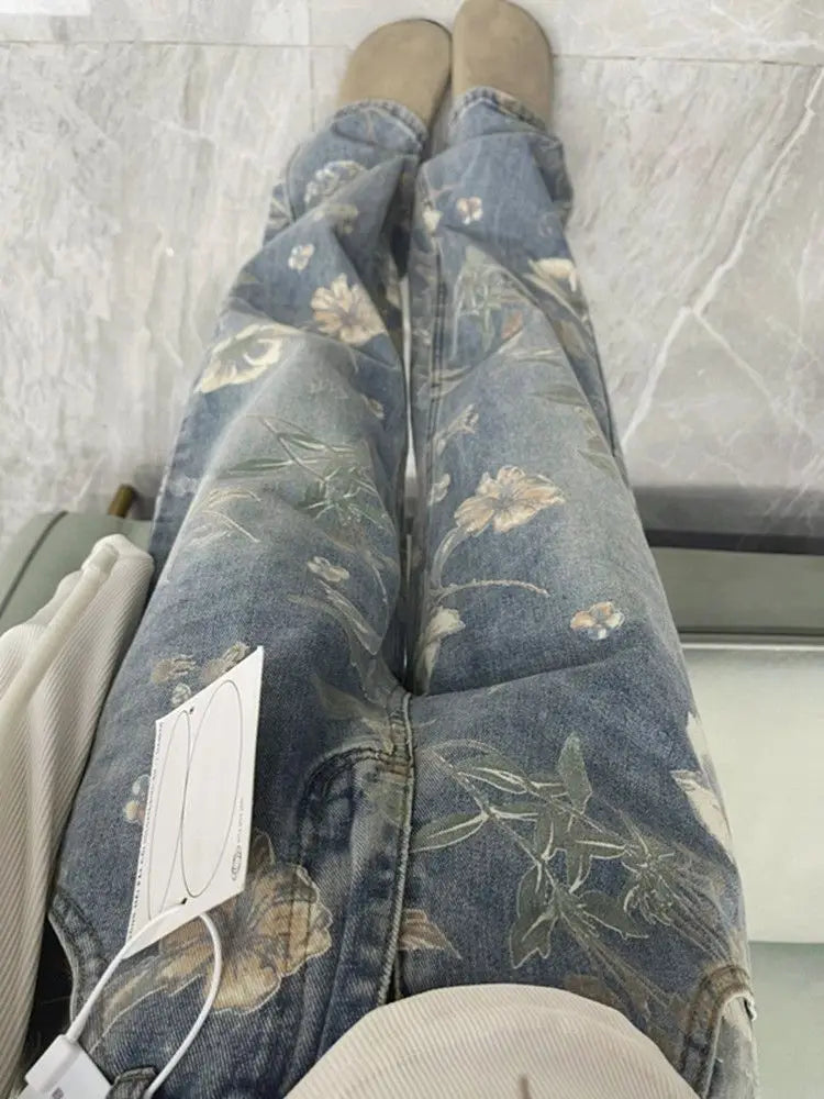 Vintage Floral Printed Jeans For Women Spring Autumn Casual Loose Straight Denim Pants Full Length Trousers Street wear