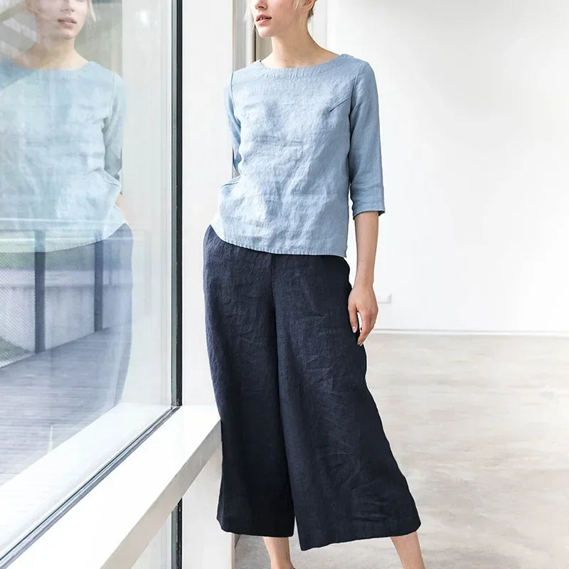 Women's 100% Linen Wide-Legged Pants Casual Loose Fit Summer 2026 Elastic Waist Harajuku Retro Linen Trousers Female Clothing
