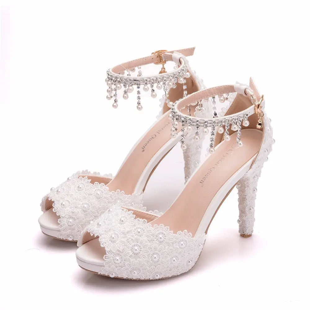 Women's White Lace Bridal Sandals | Pearl-Look Ankle Straps | Braviixx