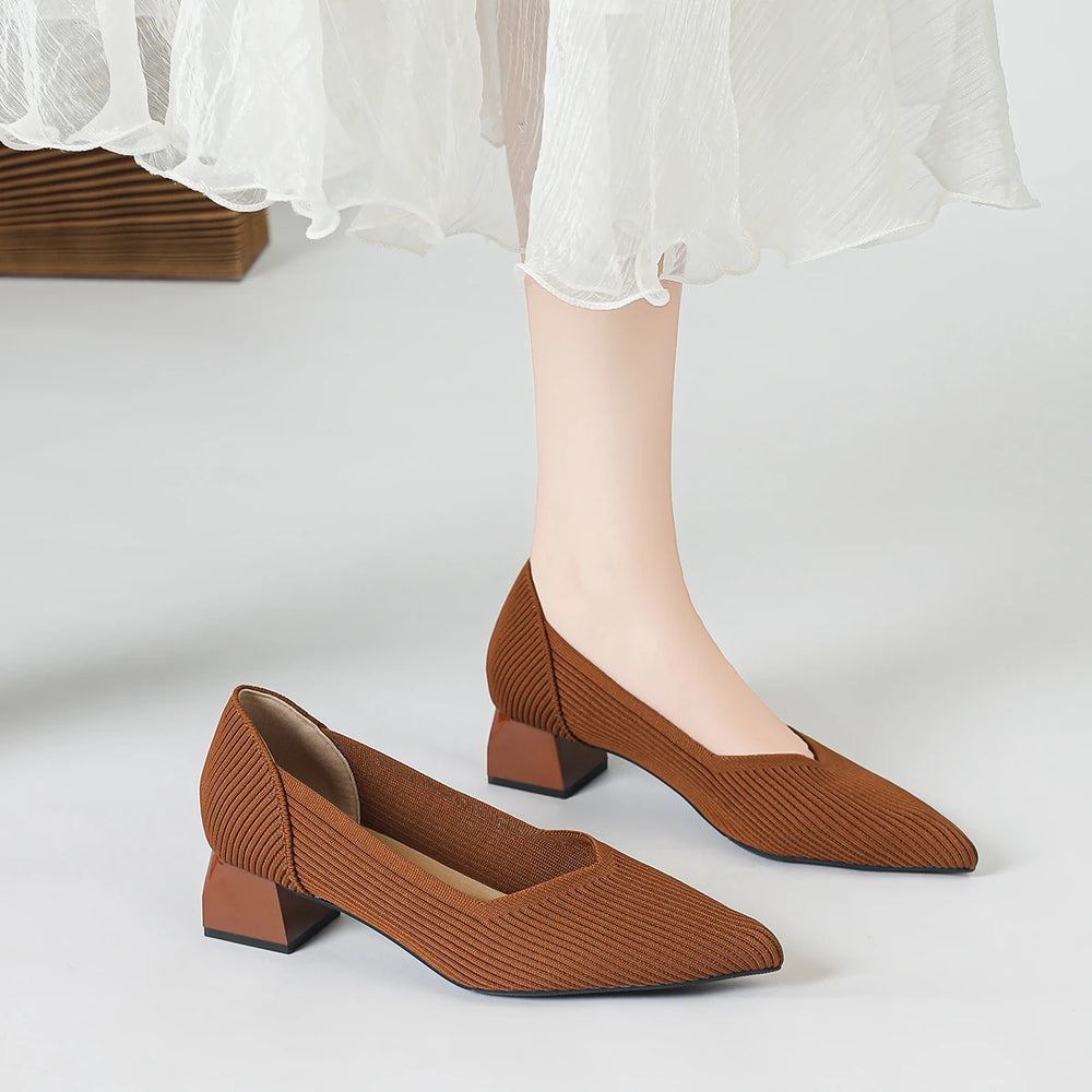 2025 New Women's High Heels Large 42/43 Fashion Pointed Anti slip Rubber Bottom Knitted Breathable Shoes