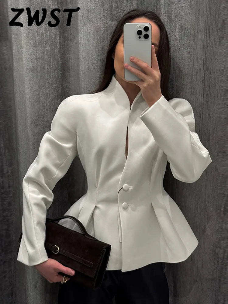 Elegant Stand Collar Blazer Women Solid Full Sleeve Button Pleated Slim Jackets 2026 Fashion Spring Waist-closed Coat Lady