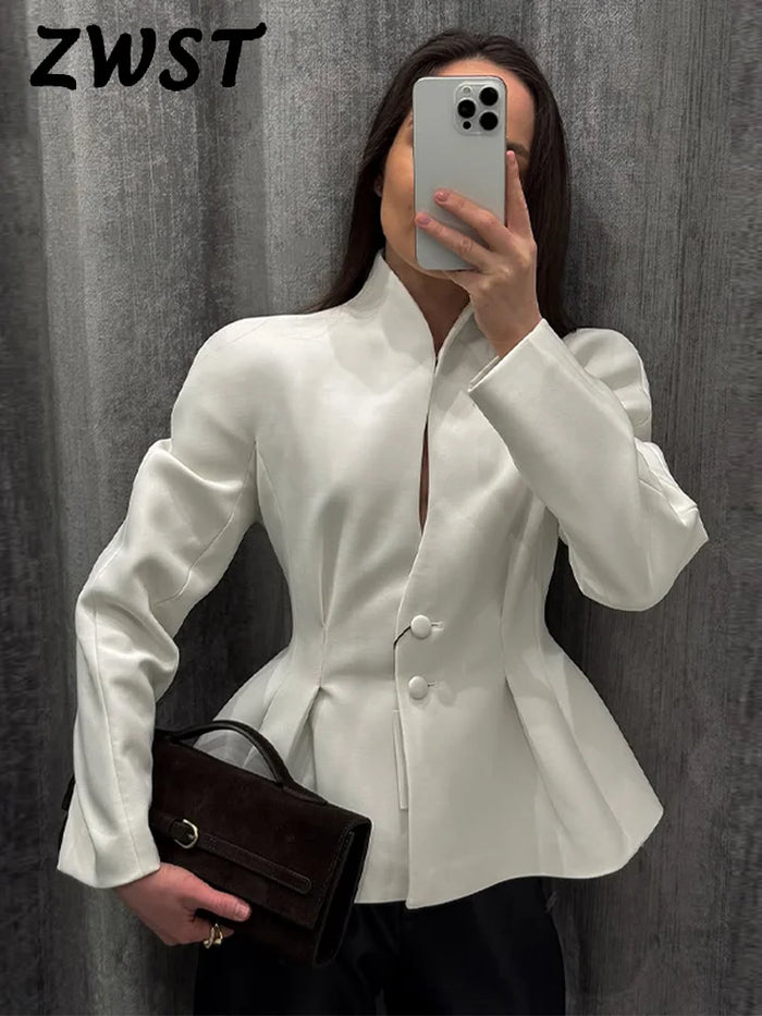 Elegant Stand Collar Blazer Women Solid Full Sleeve Button Pleated Slim Jackets 2026 Fashion Spring Waist-closed Coat Lady
