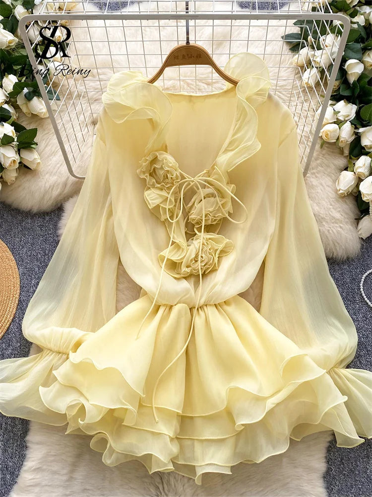 SINGREINY 3D Floral Beach Short Dress Female Long Sleeves Lace Up Ruffle Chiffon Cake Sundress Sheer Sexy Vintage Bohemian Dress
