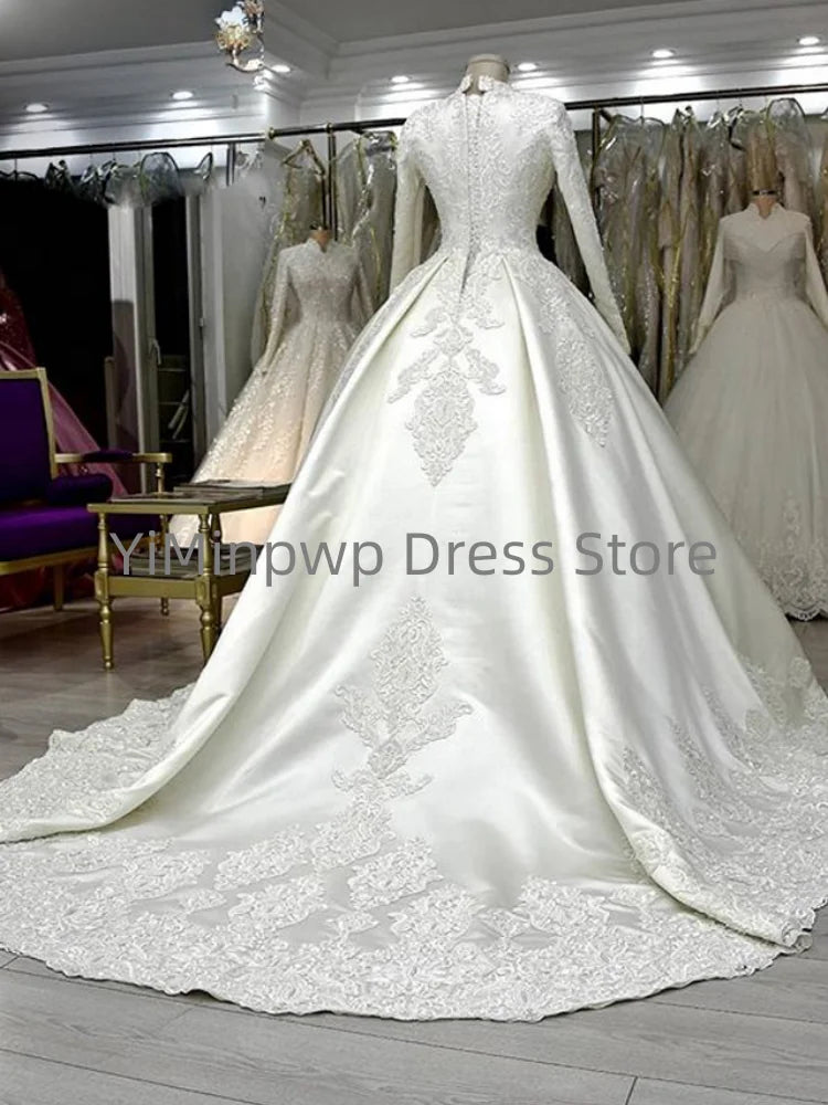 High-Neck Satin & Lace Wedding Dress | Long Sleeves | Braviixx