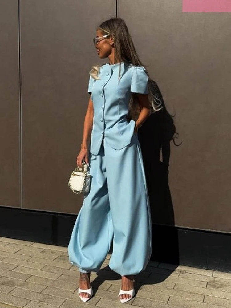 Women's Frog Button Puff Sleeve Shirt Trousers Set O-neck Leg-binding Lantern Pants Suits Lady 2026 Spring Summer Female Outfits