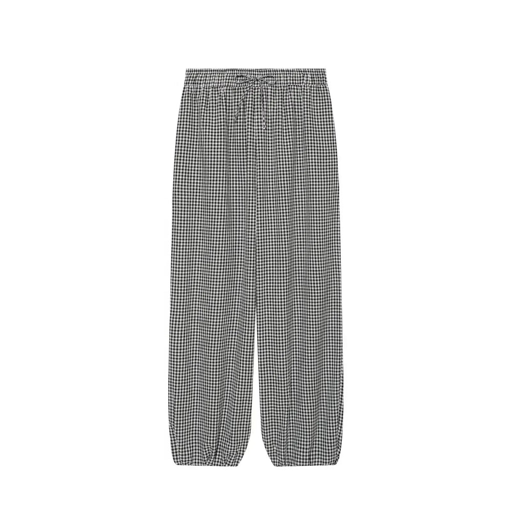 Women's Long Pants 2026 Summer New Style Red Plaid Drawstring Lantern Pants Long Pants Beach Vacation Casual Fashion