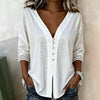 Women V‑Neck Button Blouse 3/4 Sleeve Lace Cuff Shirt Casual Loose Linen Tunic Tops Bohemian Daily Wear Ladies Summer Shirts