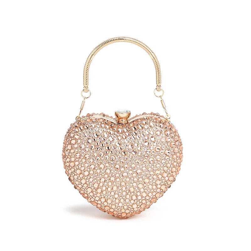 Women's Heart-Shaped Rhinestone Crystal Evening Clutch | Gold Snake-Chain Handle | Diamond Clasp | Wedding Party | 13 Colours