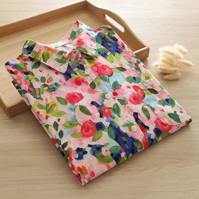 2026 Women's summer blouse 100% cotton rose oil painting printed shirts short sleeve blouses for women tops ladies clothes