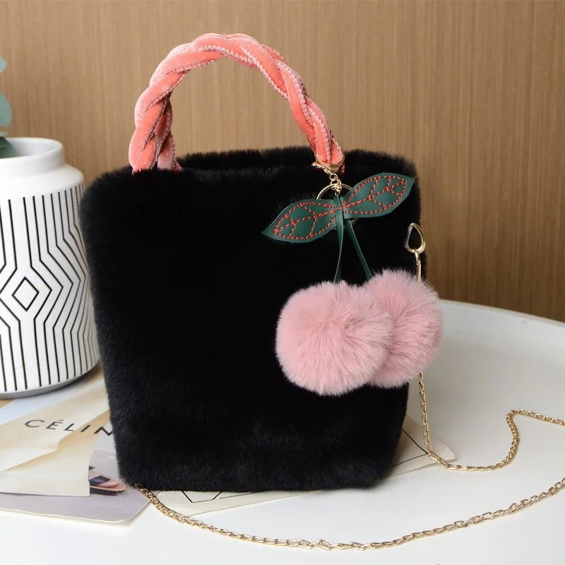 Fluffy Mini Crossbody Bag | Cherry Pom-Pom & Braided Handle | Braviixx