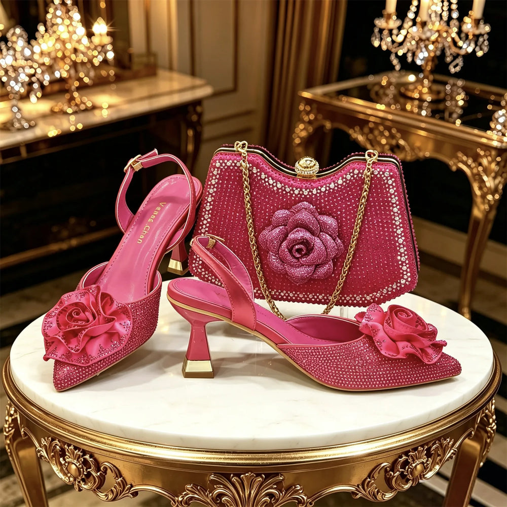 Women's Luxury 3D Rose Rhinestone Shoes & Bag Set – Pointed Toe Slingback Heels | 4 Colors | EU 37–42