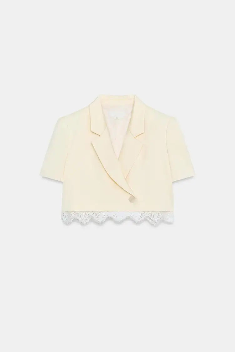 Women Pale Yellow Short Sleeve Blazer & Lace Trim Slit Mini Skirt Two‑Piece Outfit Notched Lapel Co‑ords 2026 Daily Party Suits