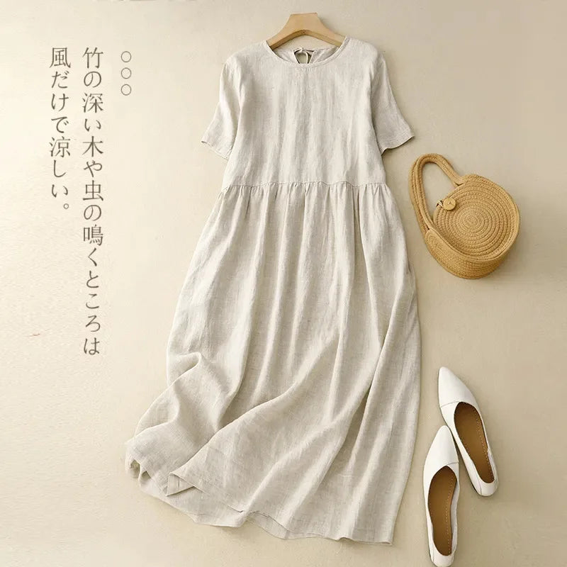 Women's Linen Cotton Casual Dress Round Neck Short Sleeve A-Line Loose Summer Maxi Dress