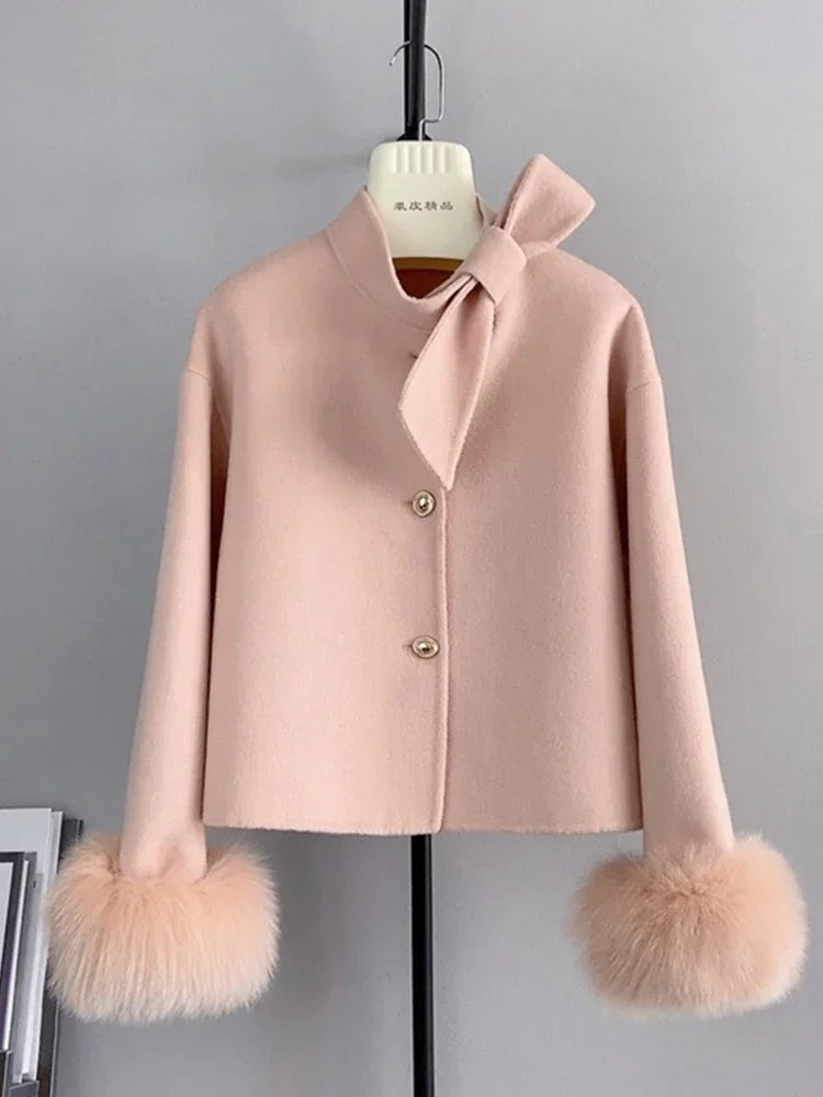 Women's Bow-Neck Short Coat | Fluffy Cuffs & Button Front | Braviixx