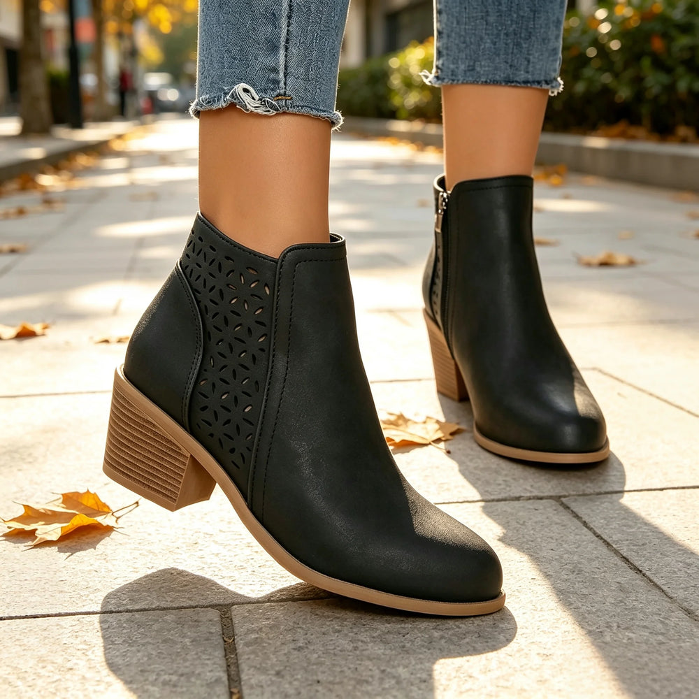 Cut-Out Ankle Boots | Side Zip & Block Heel | Braviixx